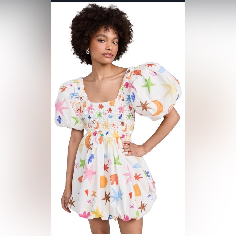 Colorful Star and Moon Puff Sleeve Dress